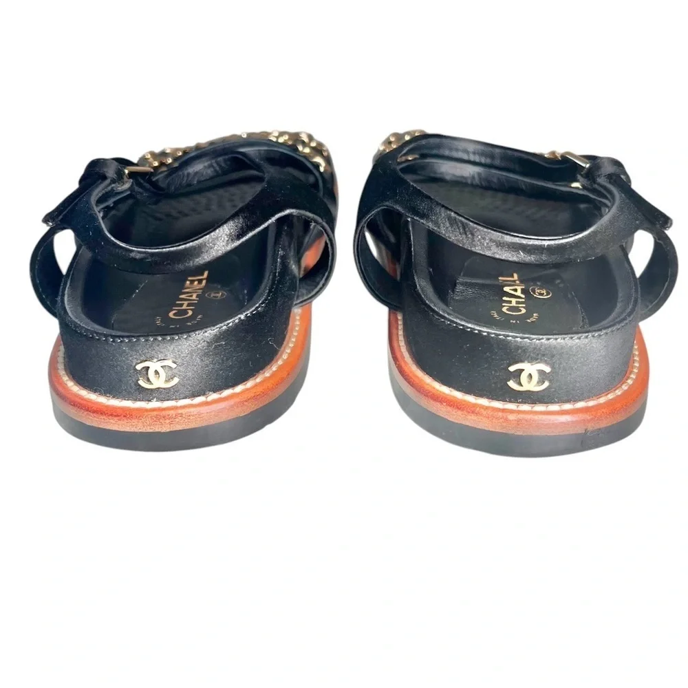 Chanel Satin Lambskin Chain Flat Sandals Black Leather Size 36
